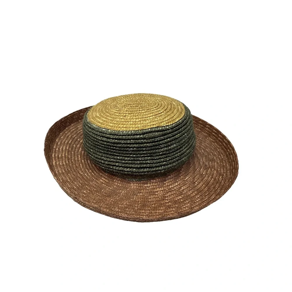 Vintage Boater Tri-color Green Natural And Rusty Brown Straw Hat Vinacci